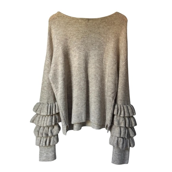 BP Ruffle Sleeve Beige Tan V-Neck Sweater, Oversized, XL - Picture 4 of 8